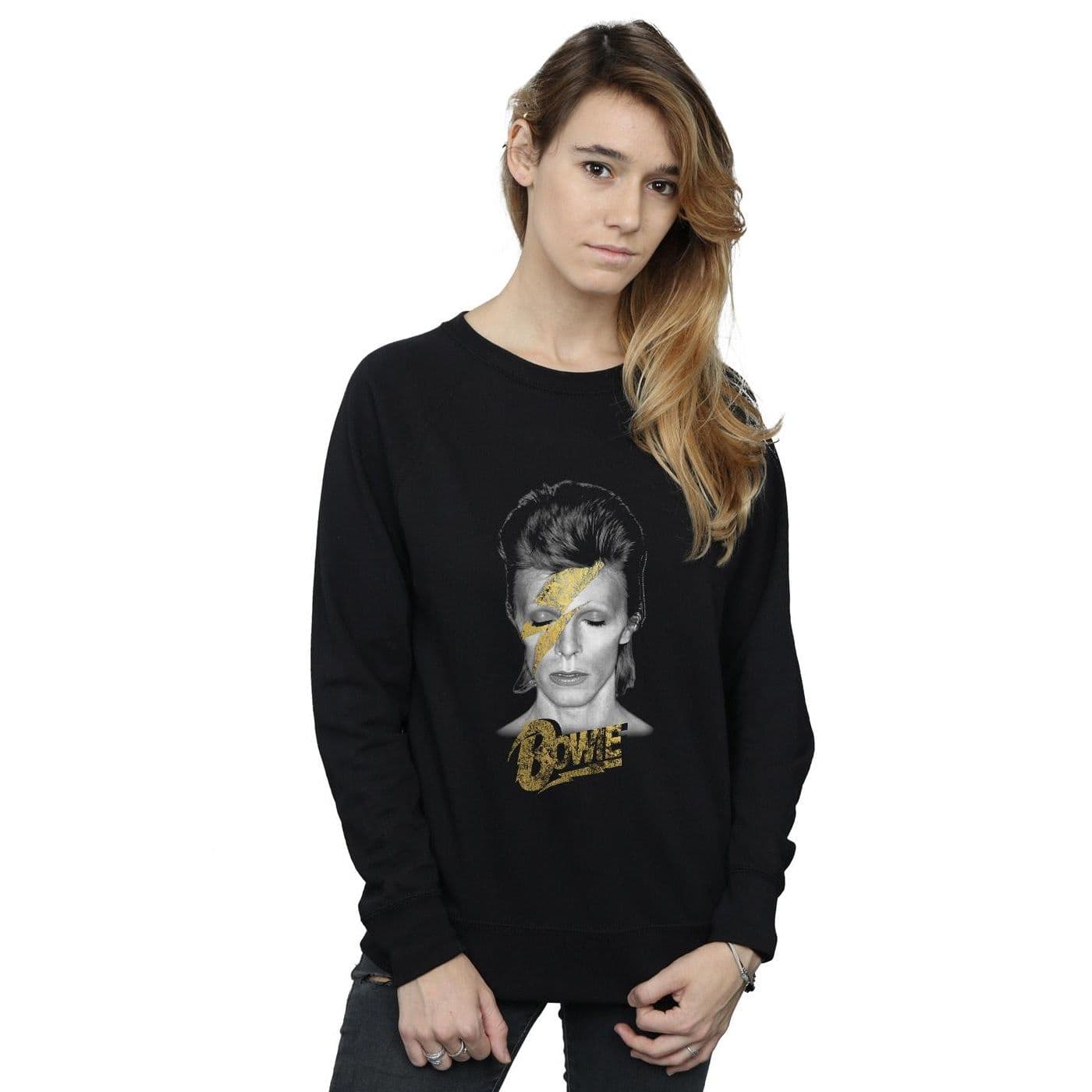 David Bowie Women's Aladdin Sane Gold Bolt Sweatshirt in Black | Size: Medium