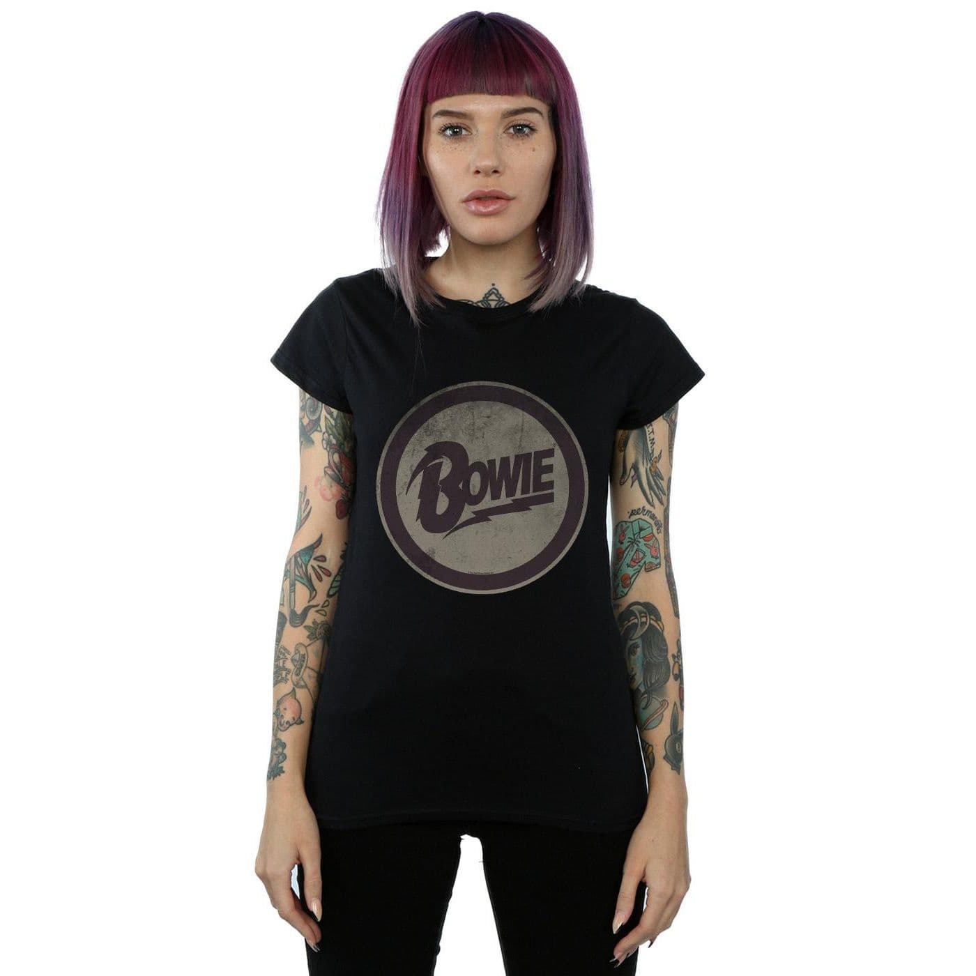 David Bowie Women's Circle Logo Cotton T-Shirt in Black | Size: Small