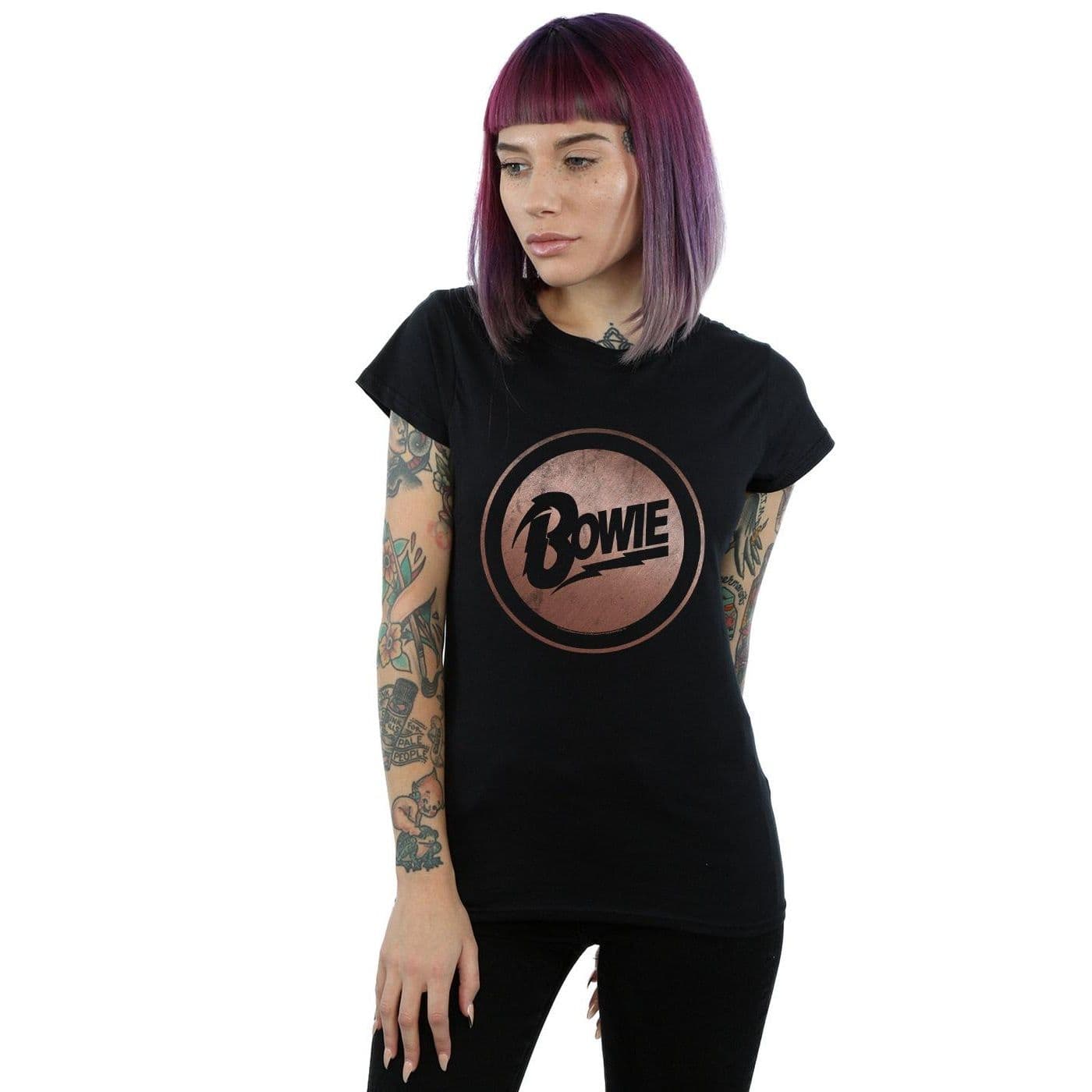 David Bowie Women's Rose Gold Circle Cotton T-Shirt in Black | Size: Small