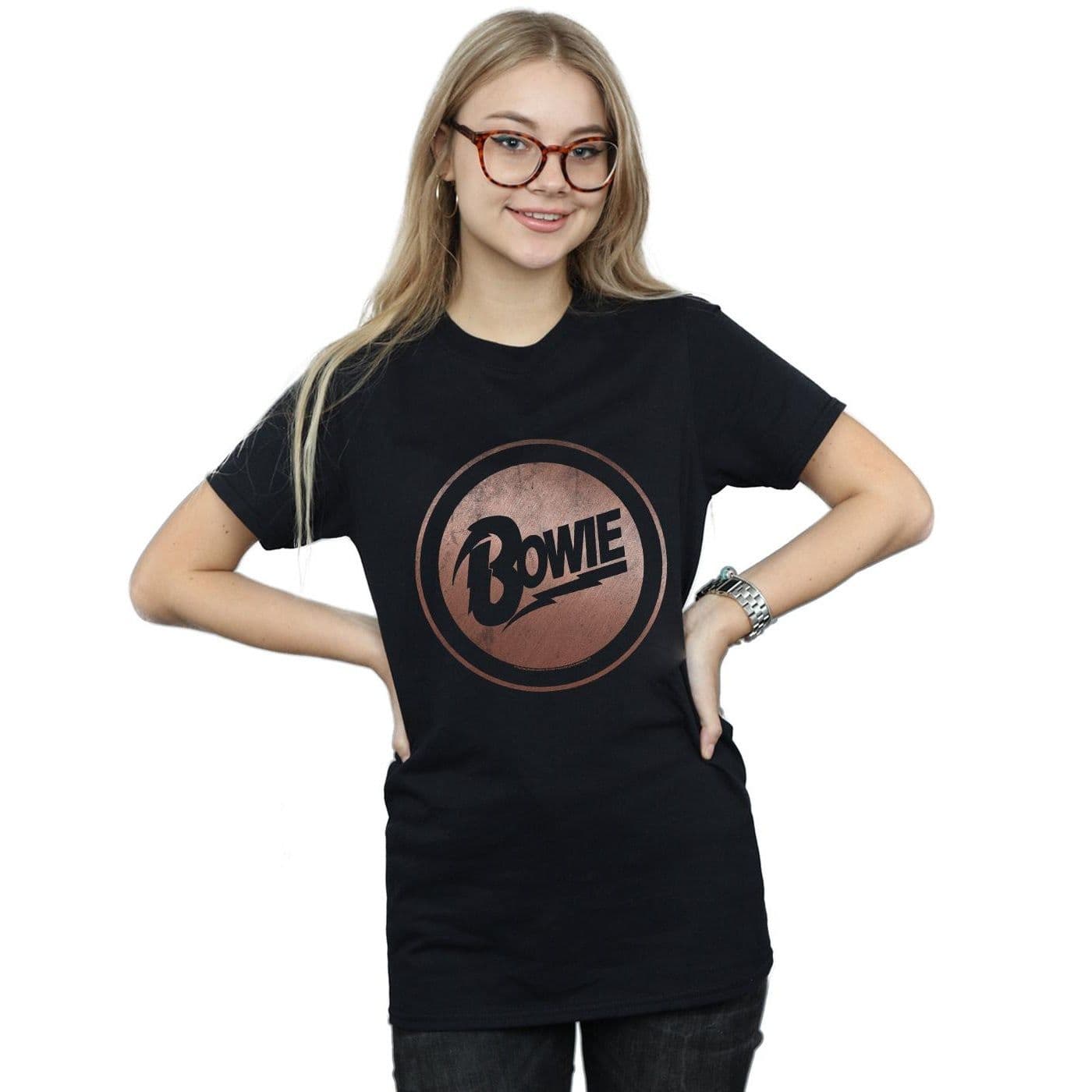 David Bowie Women's Rose Gold Circle Cotton Boyfriend T-Shirt in Black | Size: Small