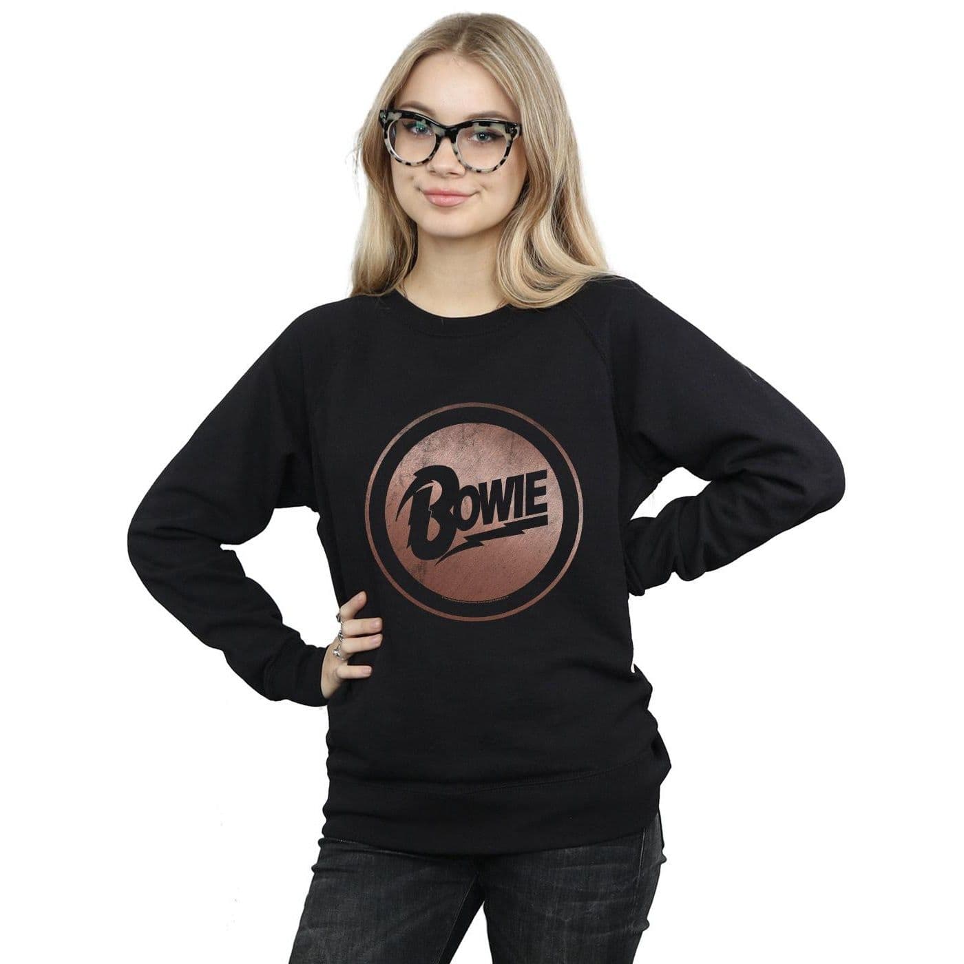David Bowie Women's Rose Gold Circle Sweatshirt in Black | Size: XL