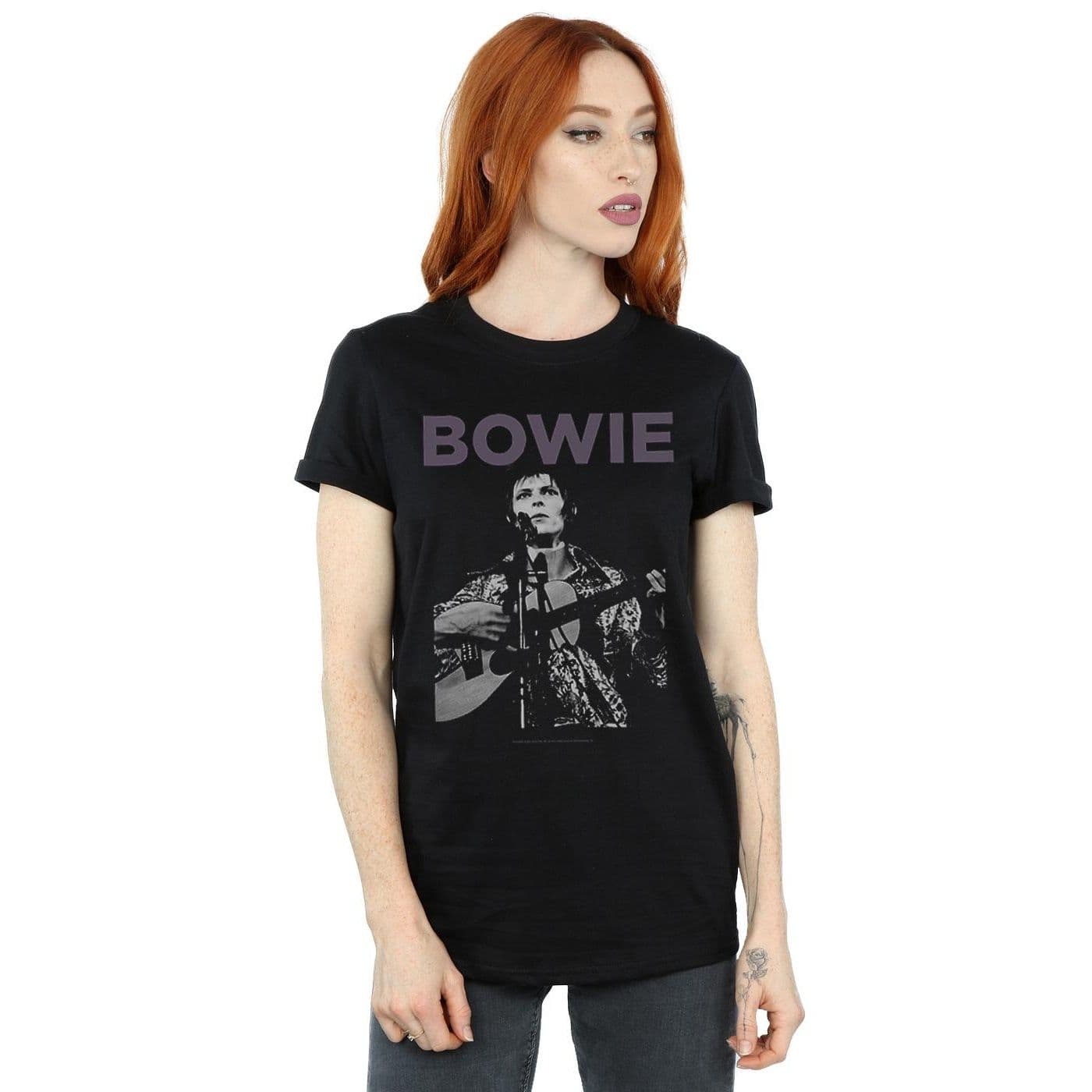 David Bowie Women's Rock Poster Cotton Boyfriend T-Shirt in Black | Size: XL