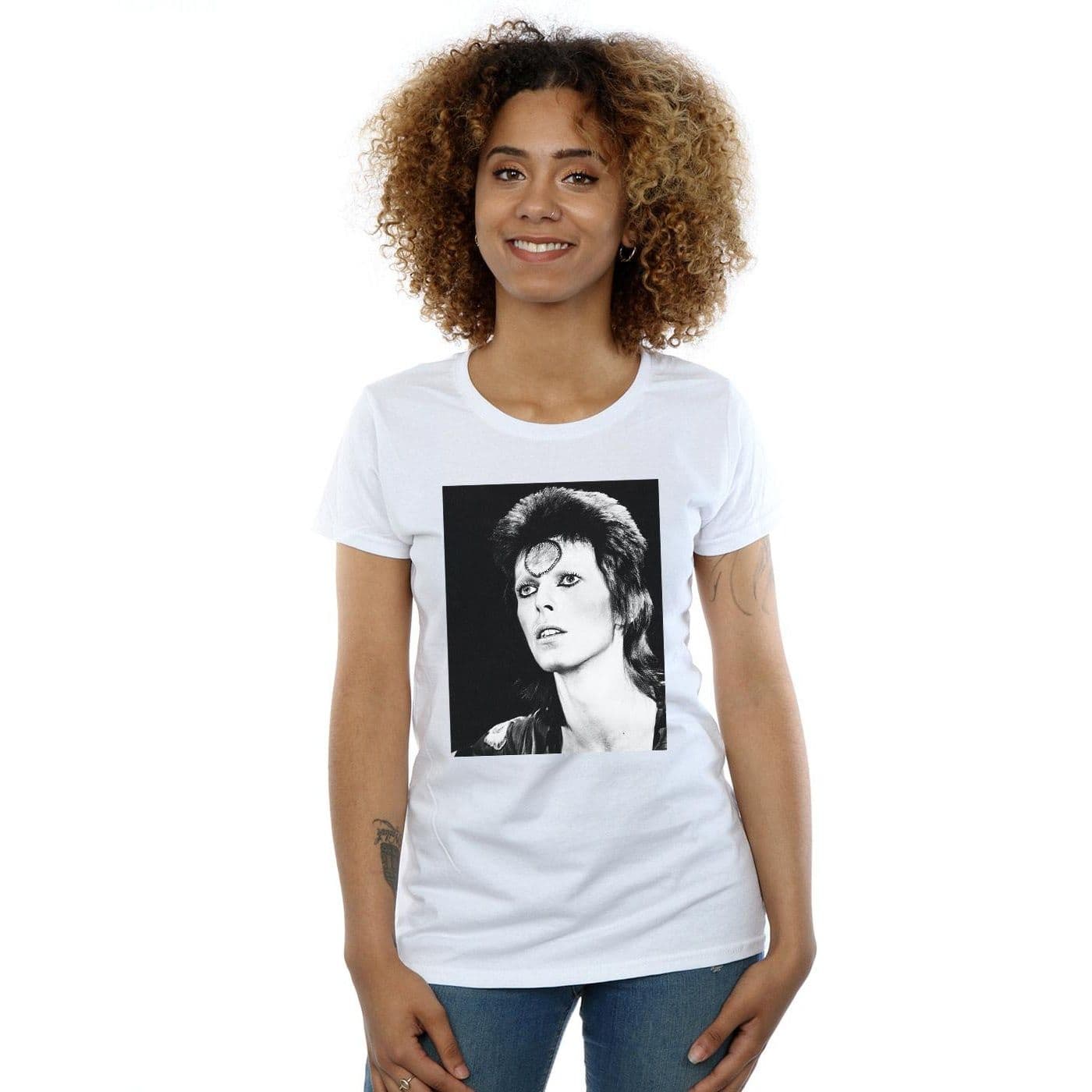 David Bowie Women's Ziggy Looking Cotton T-Shirt in White | Size: Large