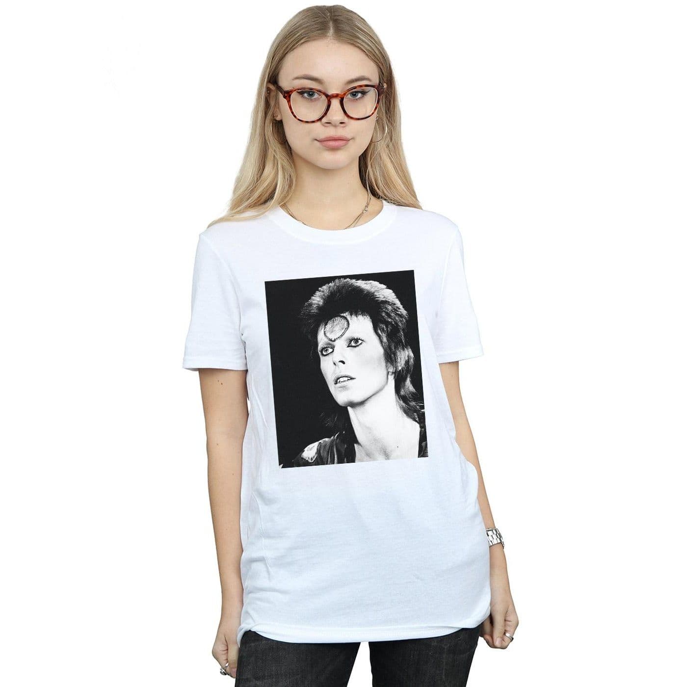 David Bowie Women's Ziggy Looking Cotton Boyfriend T-Shirt in White | Size: Small