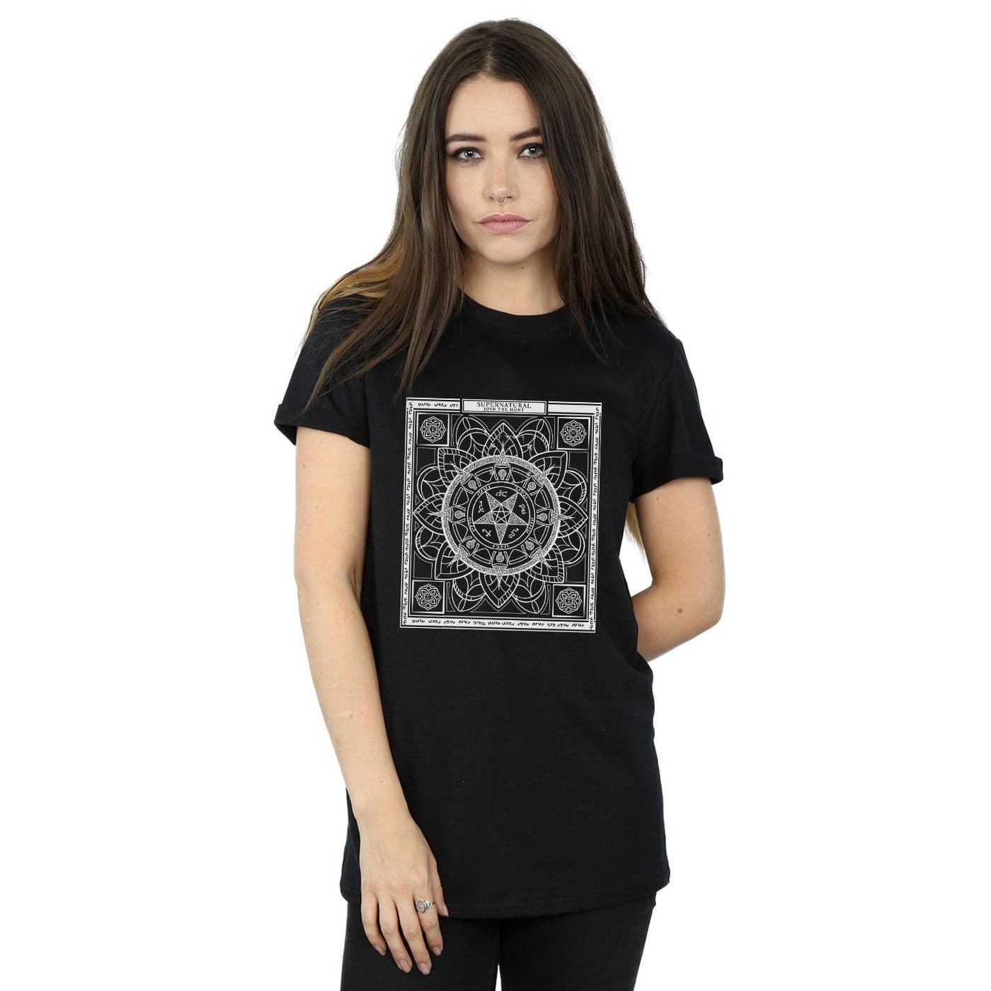 Supernatural Women's Pentagram Pattern Cotton Boyfriend T-Shirt in Black | Size: Small