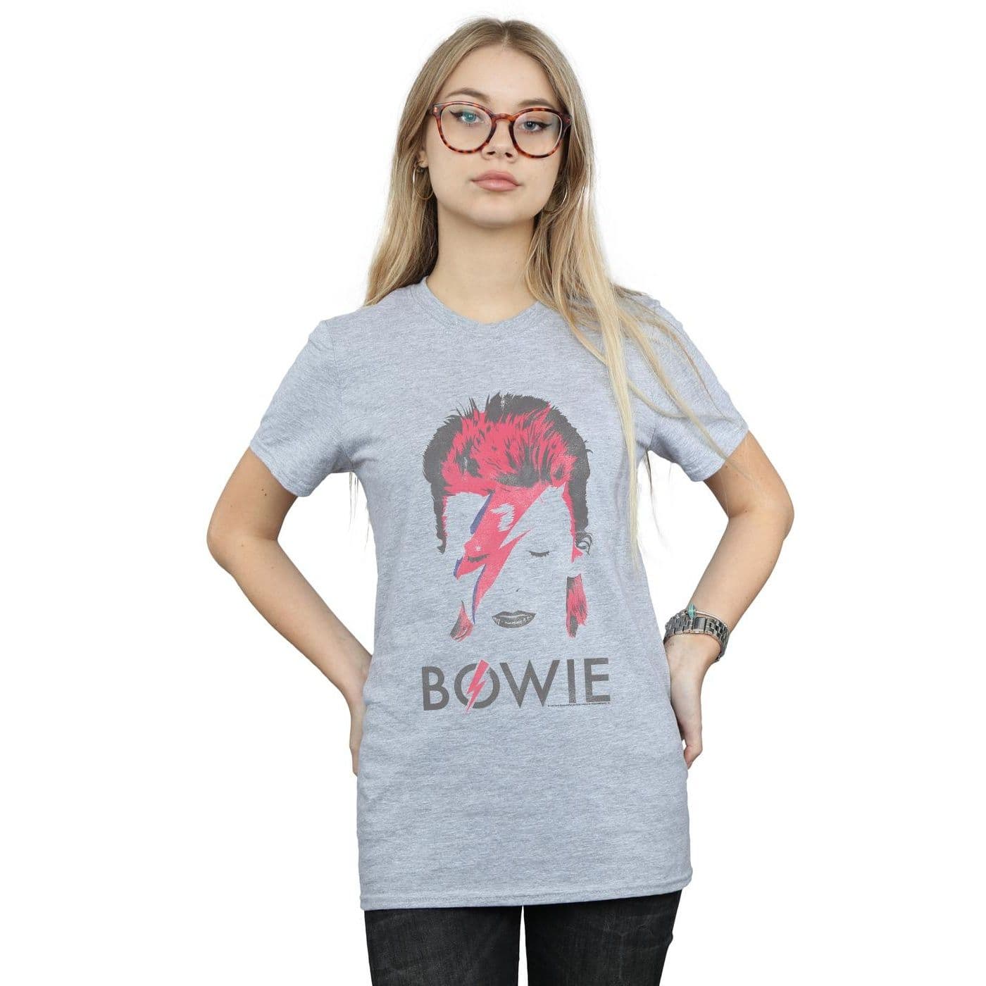 David Bowie Women's Aladdin Sane Distressed Cotton Boyfriend T-Shirt in Grey | Size: Large
