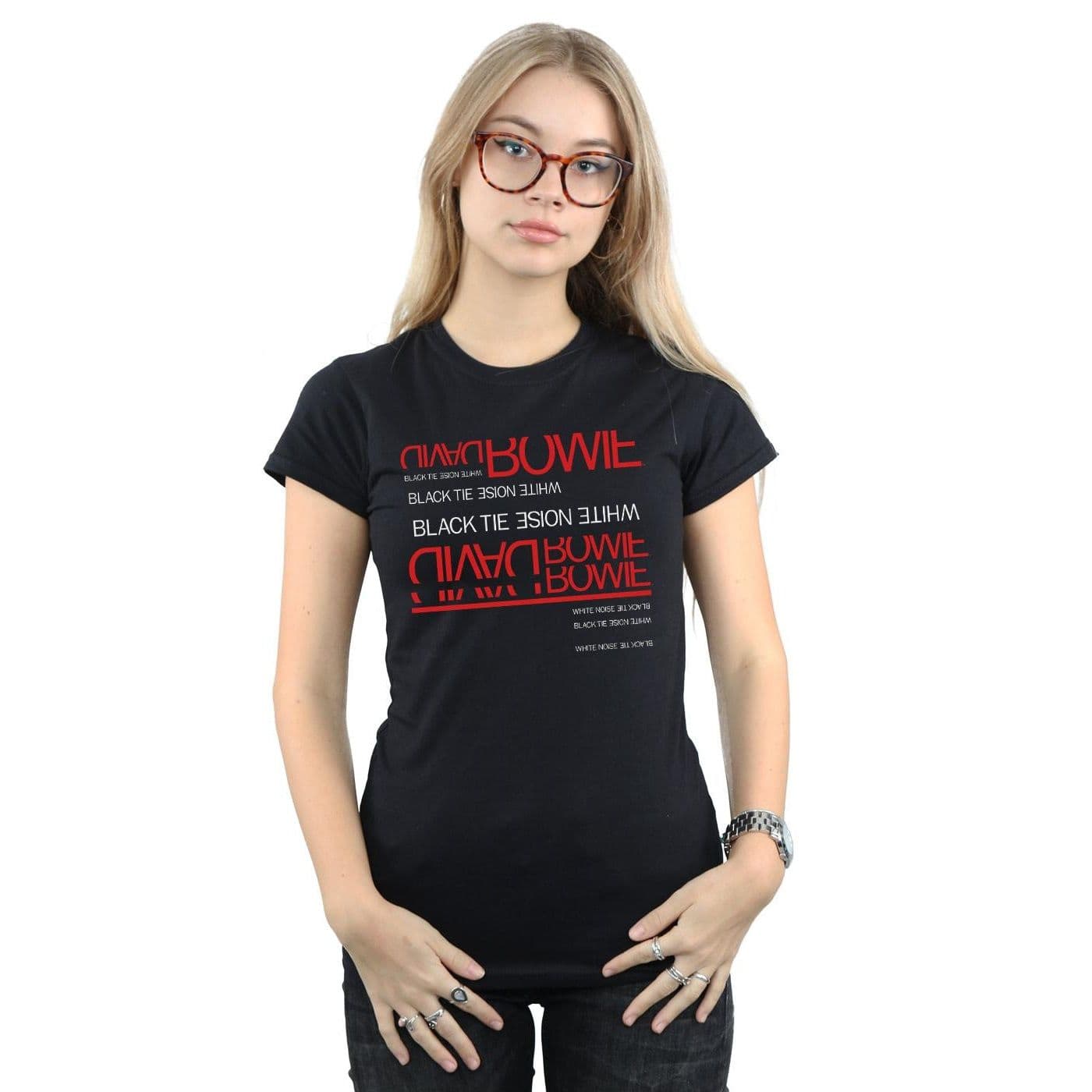 David Bowie Women's Black Tie White Noise Cotton T-Shirt | Size: Large