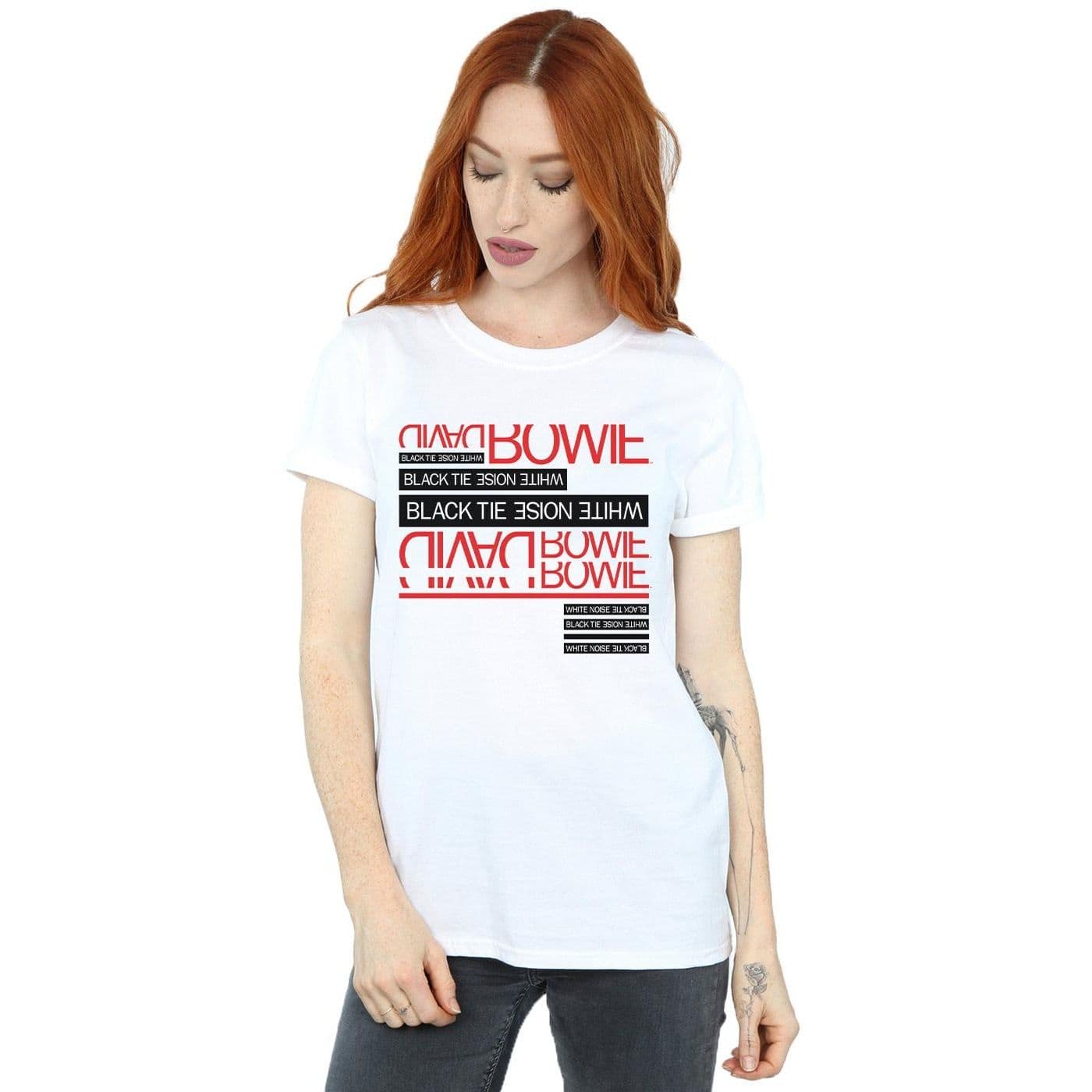 David Bowie Women's Black Tie White Noise Cotton Boyfriend T-Shirt | Size: 3XL