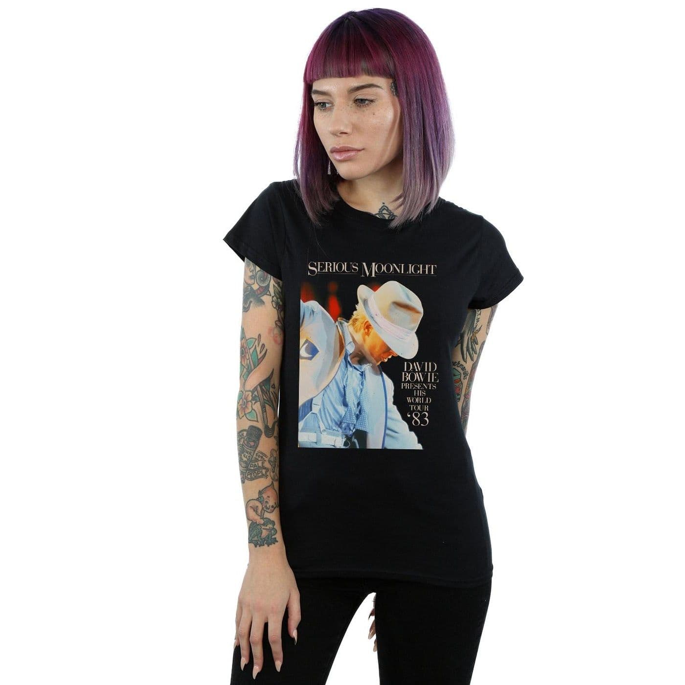 David Bowie Women's Serious Moonlight Cotton T-Shirt in Black | Size: XL