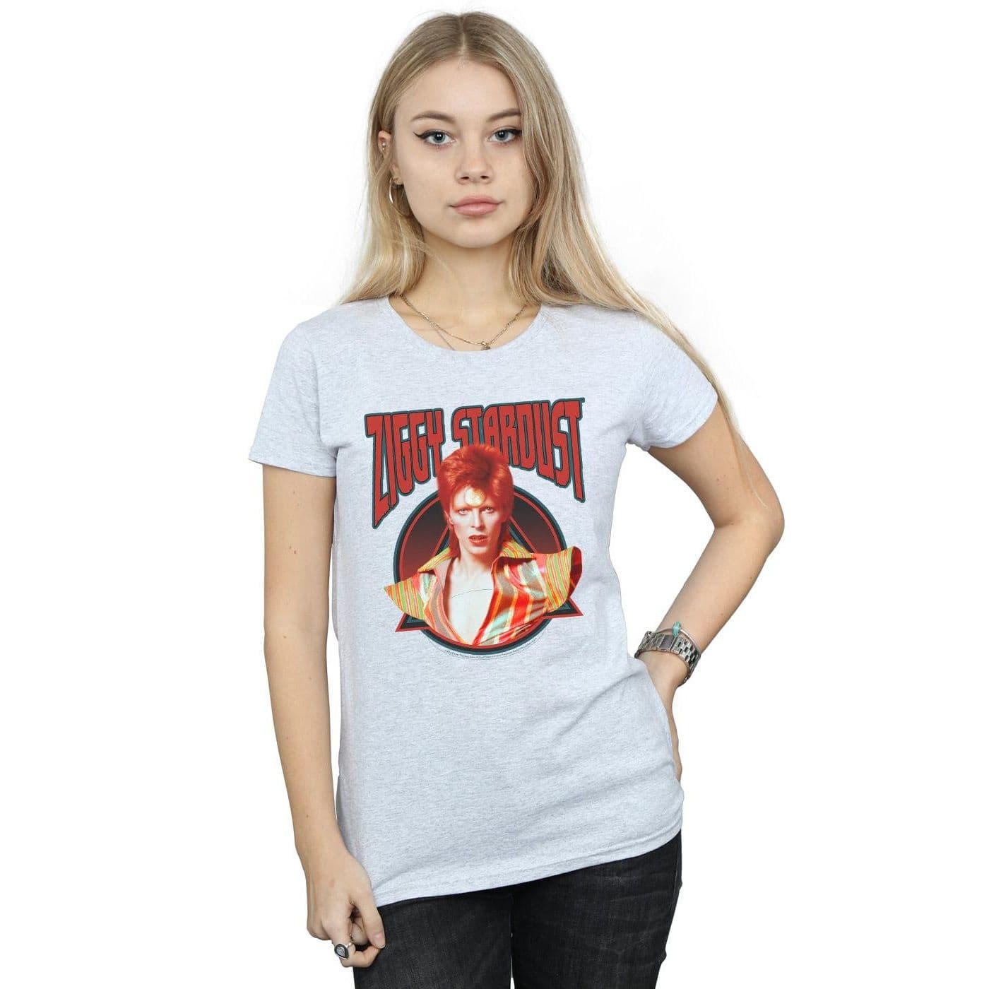 David Bowie Women's Ziggy Stardust Cotton T-Shirt in Grey | Size: Small