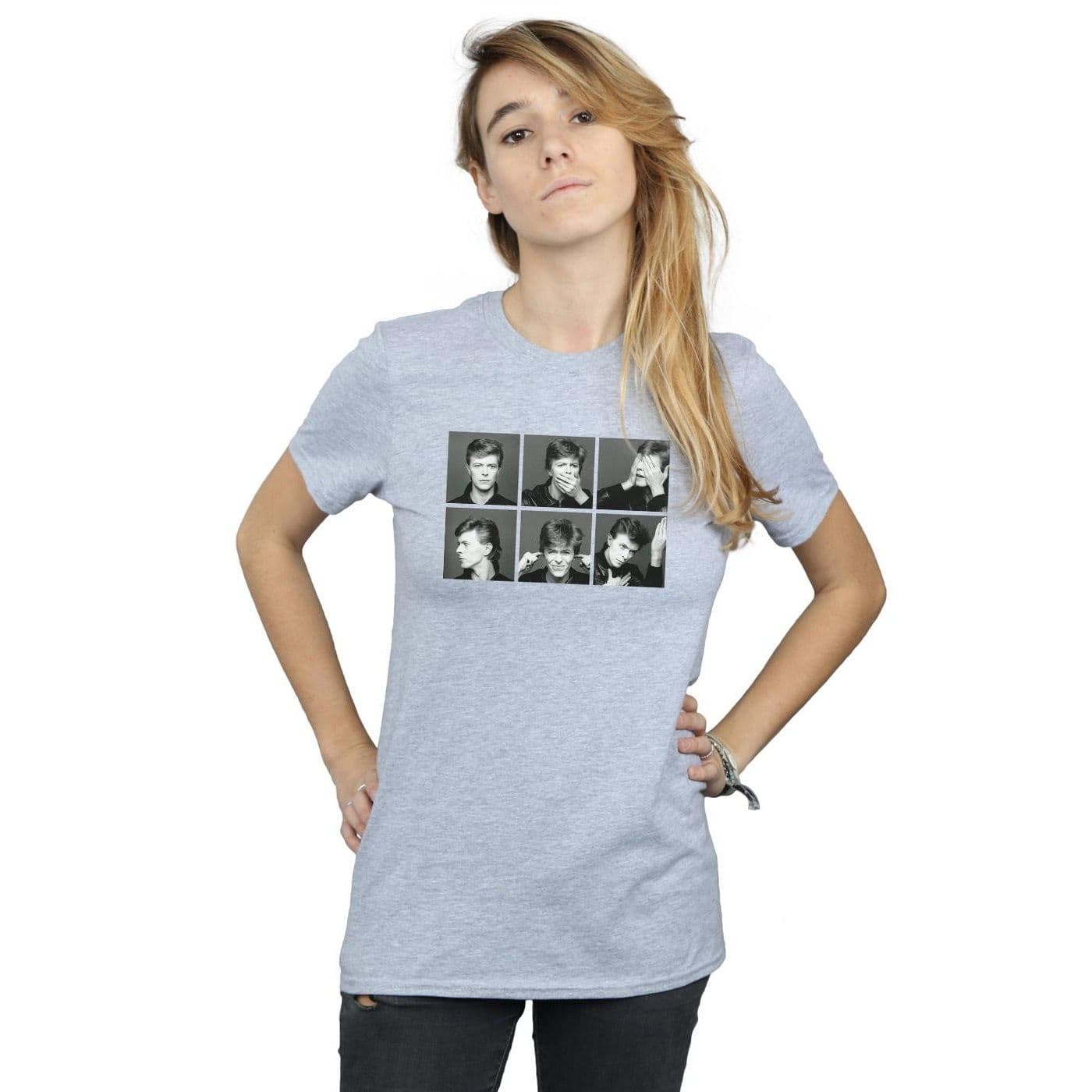 David Bowie Women's Photo Collage Cotton Boyfriend T-Shirt in Grey | Size: Small