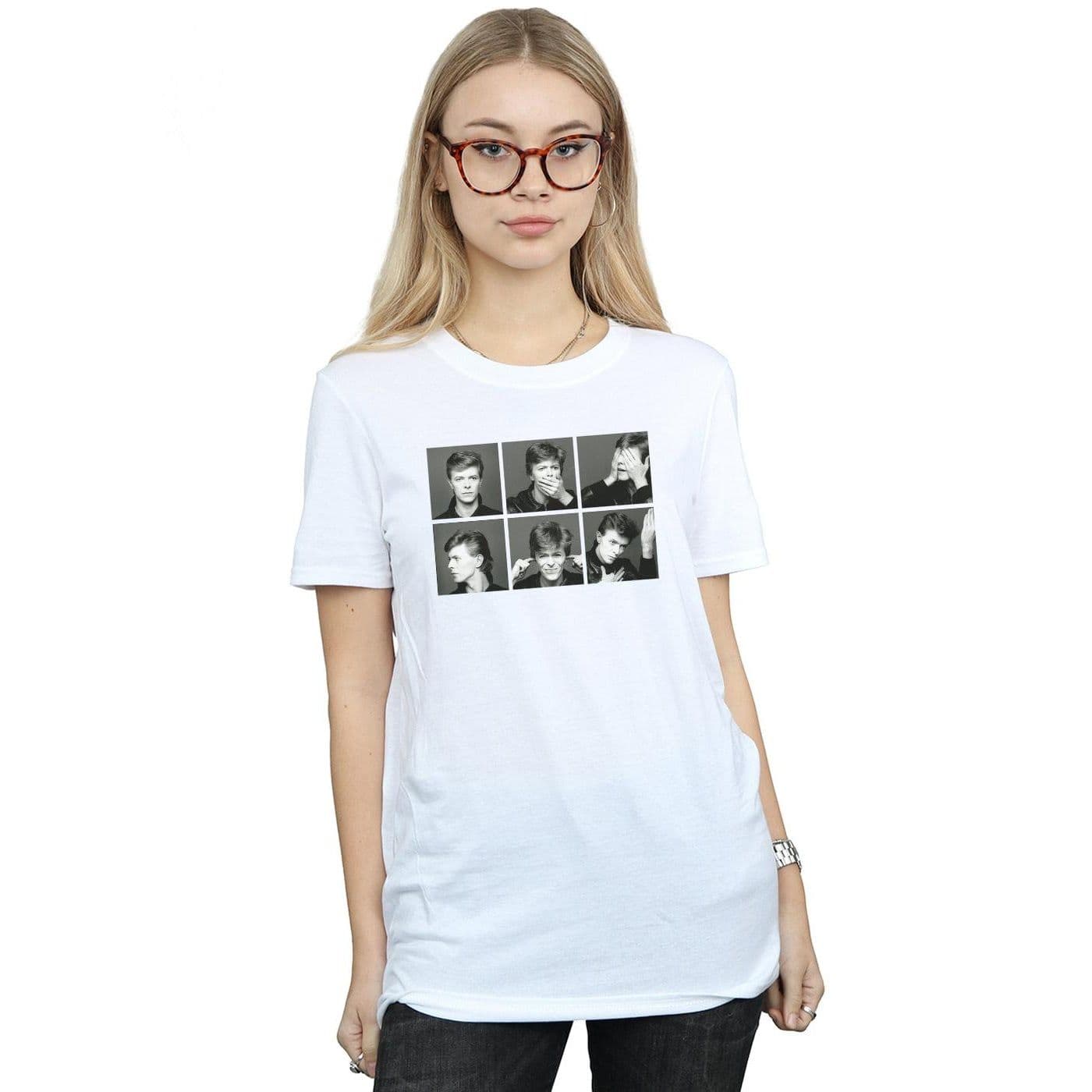 David Bowie Women's Photo Collage Cotton Boyfriend T-Shirt in White | Size: 3XL