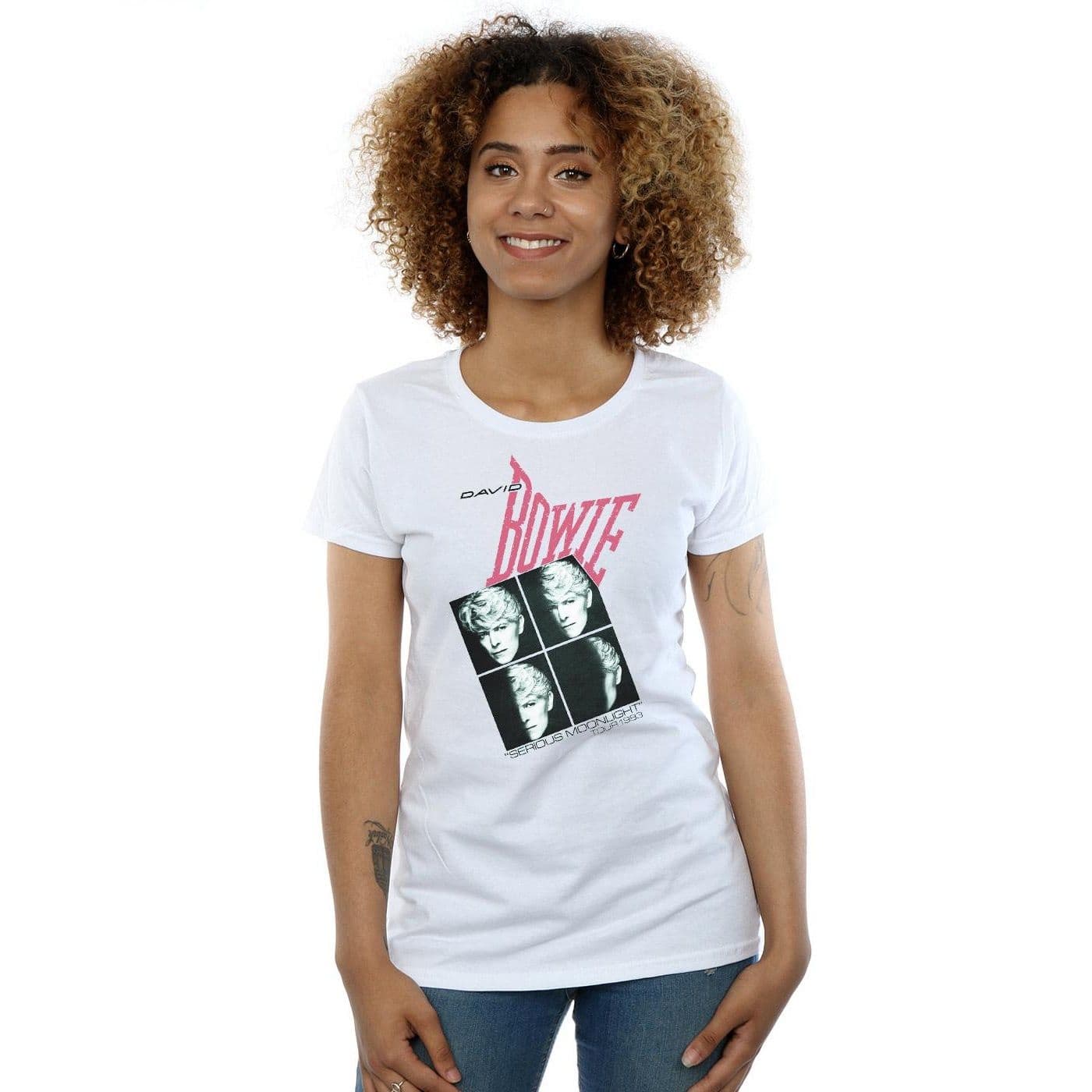 David Bowie Women's Serious Moonlight Tour 83 Cotton T-Shirt in White | Size: Large