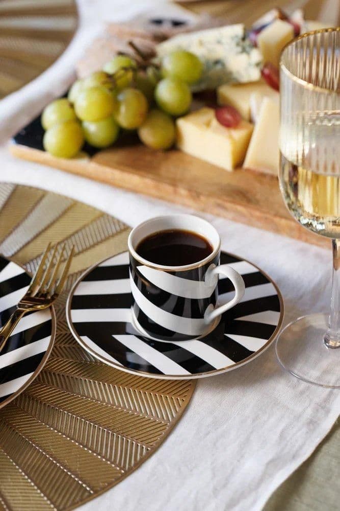 Luxe Deco Geometric Stripe China Espresso Cups Saucers Set 2