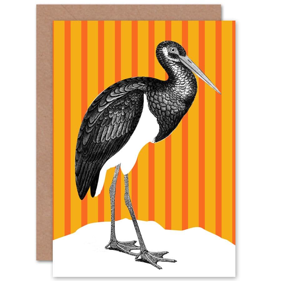 Tall Birds On Stripes Stork Orange Greetings Card