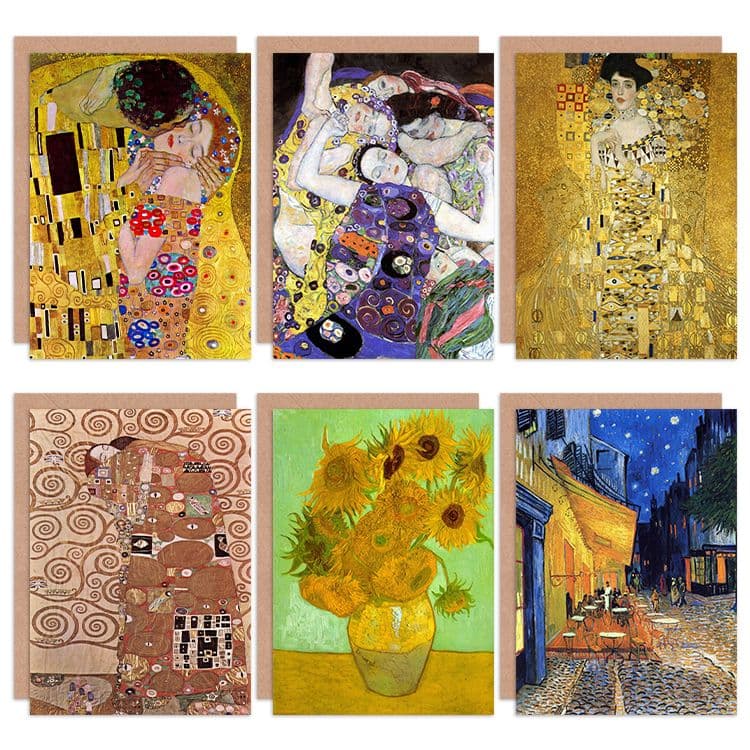 Old Masters Gustav Klimt Van Gogh Kiss Sunflower All Occasions Various Greeting Cards Envelopes Pack 6