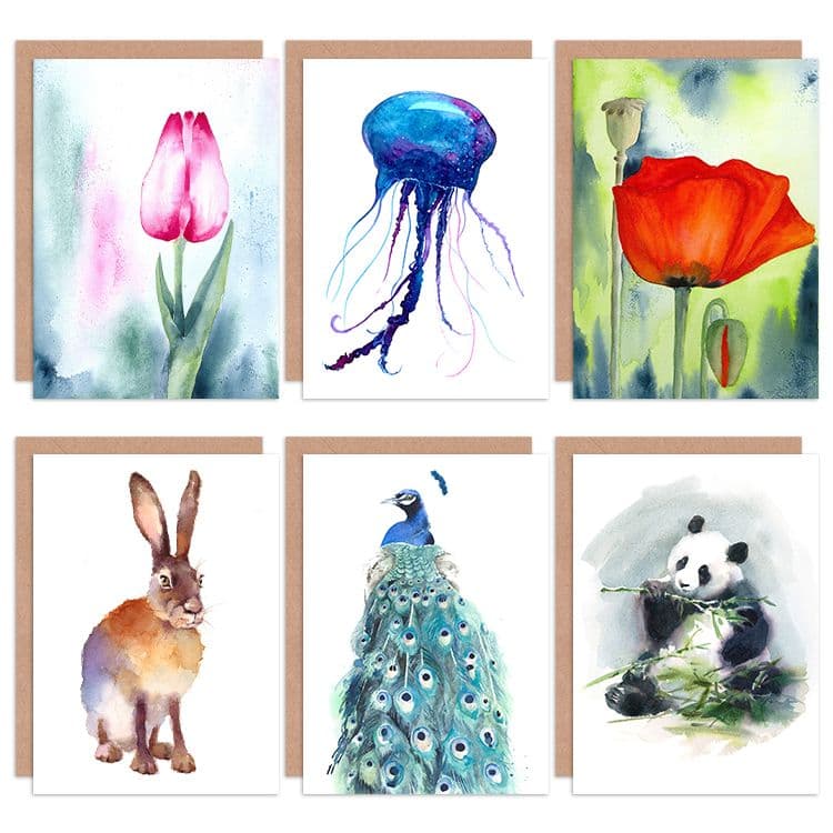 Watercolour Nature Animals Flowers All Occasions Various Greeting Cards Envelopes Pack 6