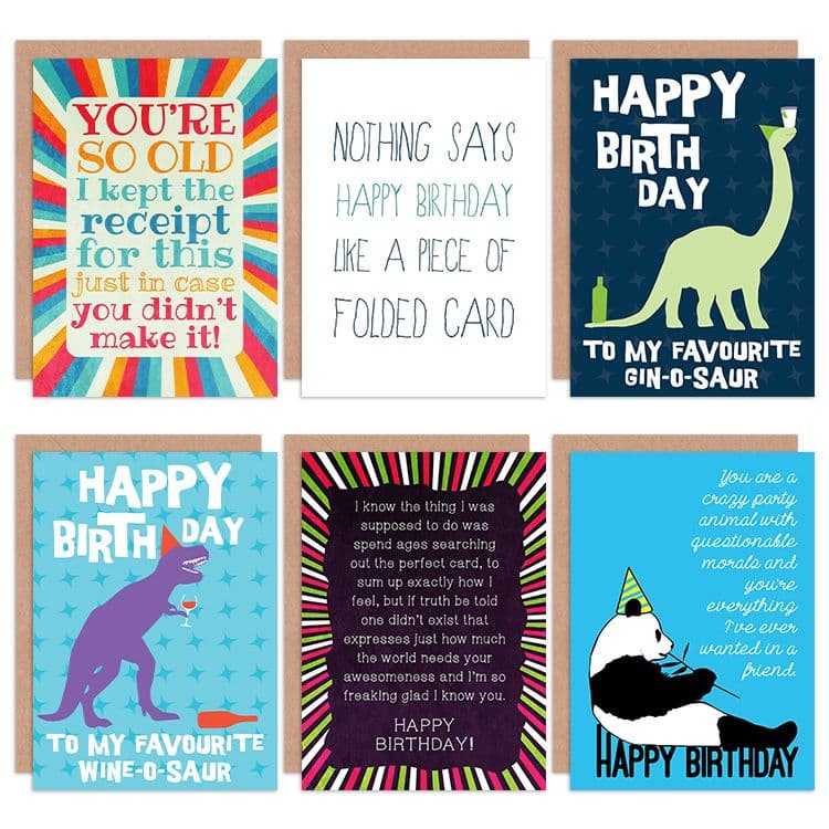 Funny Happy Birthday Friends BFF Gin O Saur All Occasions Various Assorted Greeting Cards Envelopes Pack 6