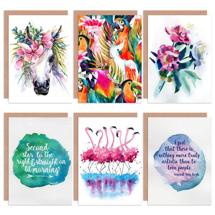 Watercolour Vibrant Quotes Typography Nature Birds Flowers All Occasions Various Greeting Cards Envelopes Pack 6