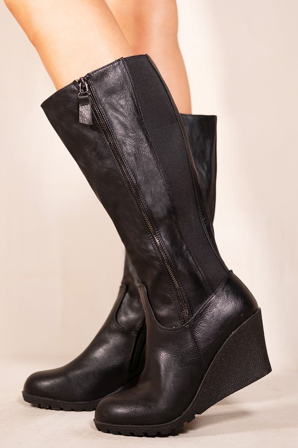 Where's That From Women's 'Lara' Wedge Heel Mid Calf High Boots With Side Zip in Black | Size: 7