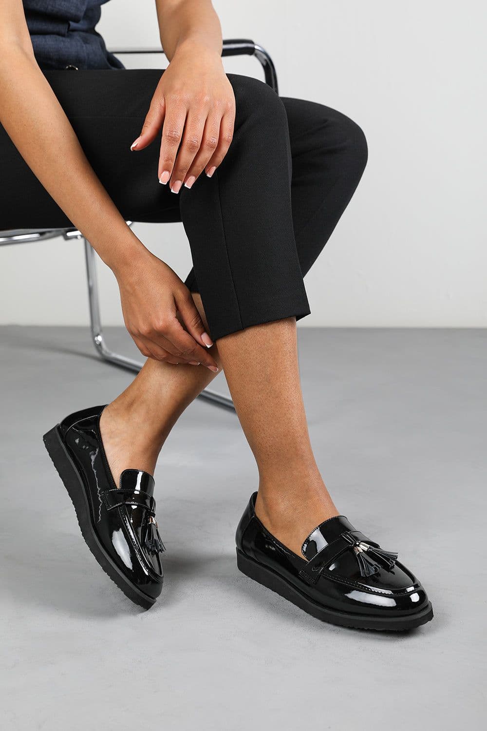 Where's That From Women's 'Lucy' Extra Wide Fit Tasselled Loafers in True Black | Size: 5EEE