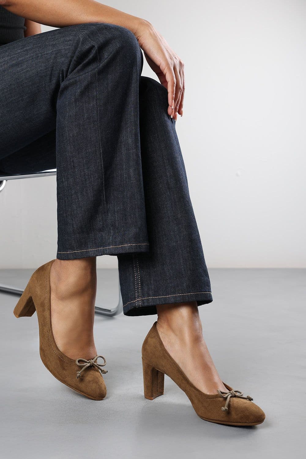 Primrose Suede Block Heel Court Shoe Bow Detail
