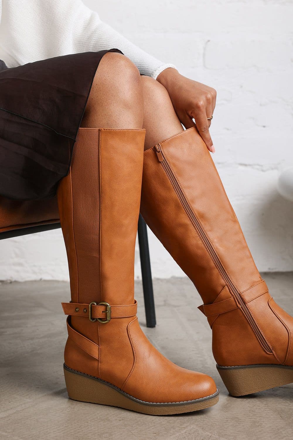 Where's That From Women's 'Regina' Faux Leather Knee High Wedge Boots With Strap & Buckle in Tan | Size: 7