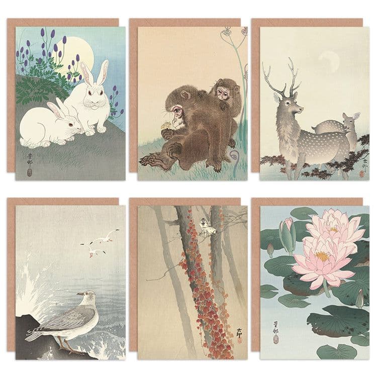 Ohara Koson Japan Lily Ivy Seagull Deer Monkey Butterfly Rabbits Fine Art Greeting Card Pack 6
