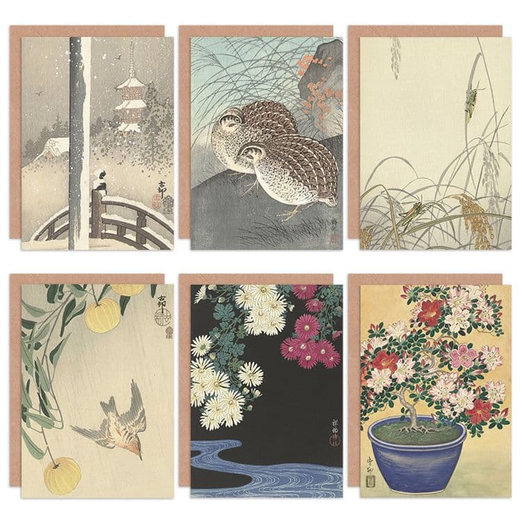 Ohara Koson Japan Azalea Chrysanthemums Cuckoo Grasshoppers Quail Snow Fine Art Greeting Card Pack 6