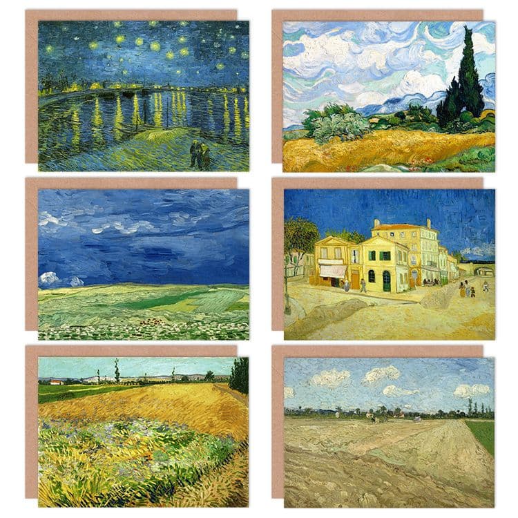 Vincent Van Gogh Geploegde House Wheatfield Cypresses Starry Night Fine Art Greeting Card Pack 6