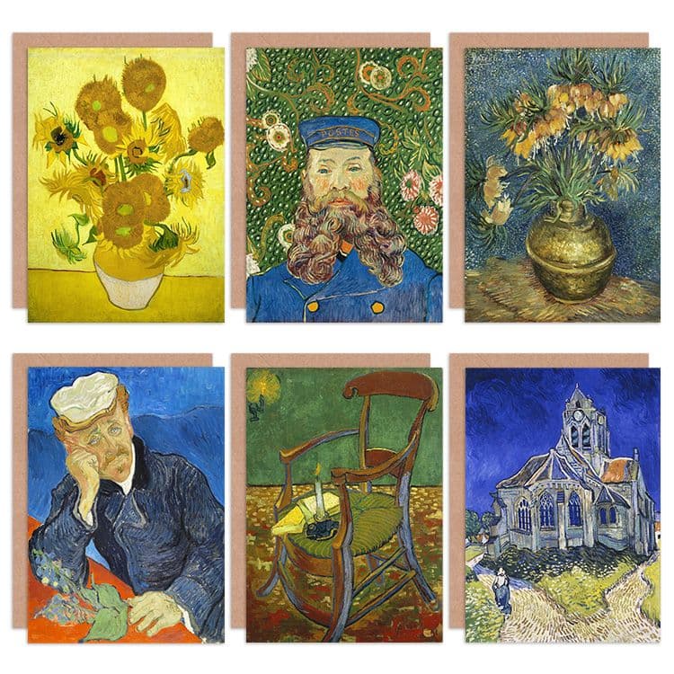 Vincent Van Gogh Church De Stoel Gachet Vase Roulin Zonnebloemen Fine Art Greeting Card Pack of 6