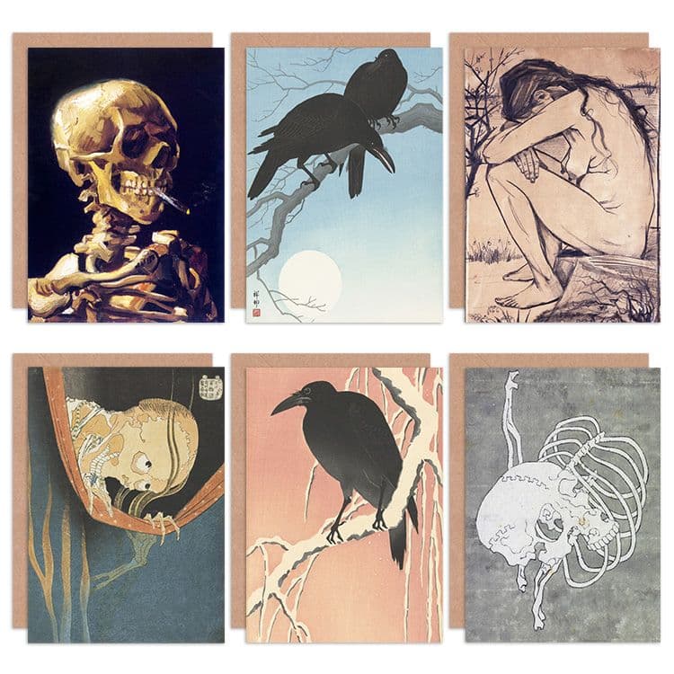 Hokusai Koson Van Gogh Japan Crow Skull Mixed Fine Art Greeting Card Pack of 6