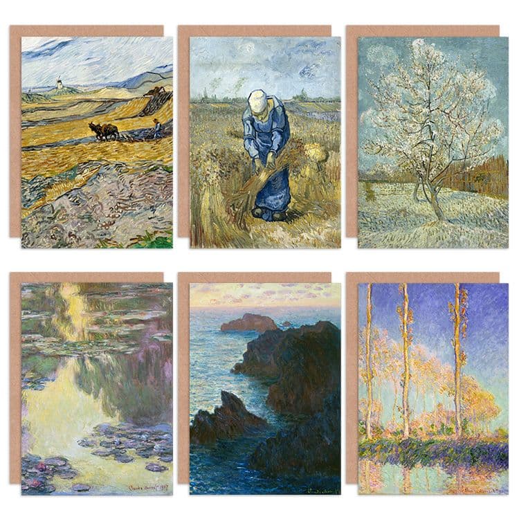 Monet Van Gogh Poplars Waterlilies Field Ploughman Fine Art Greeting Card Pack 6