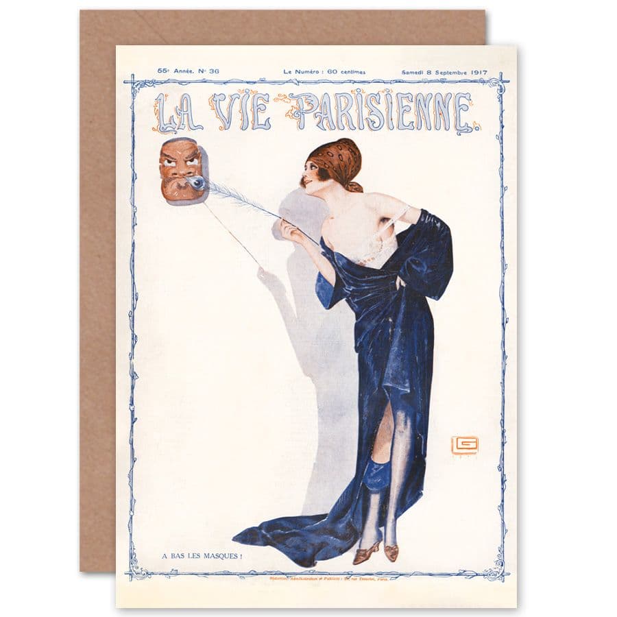 La Vie Parisienne Down Masks Feather Magazine Cover Greetings Card