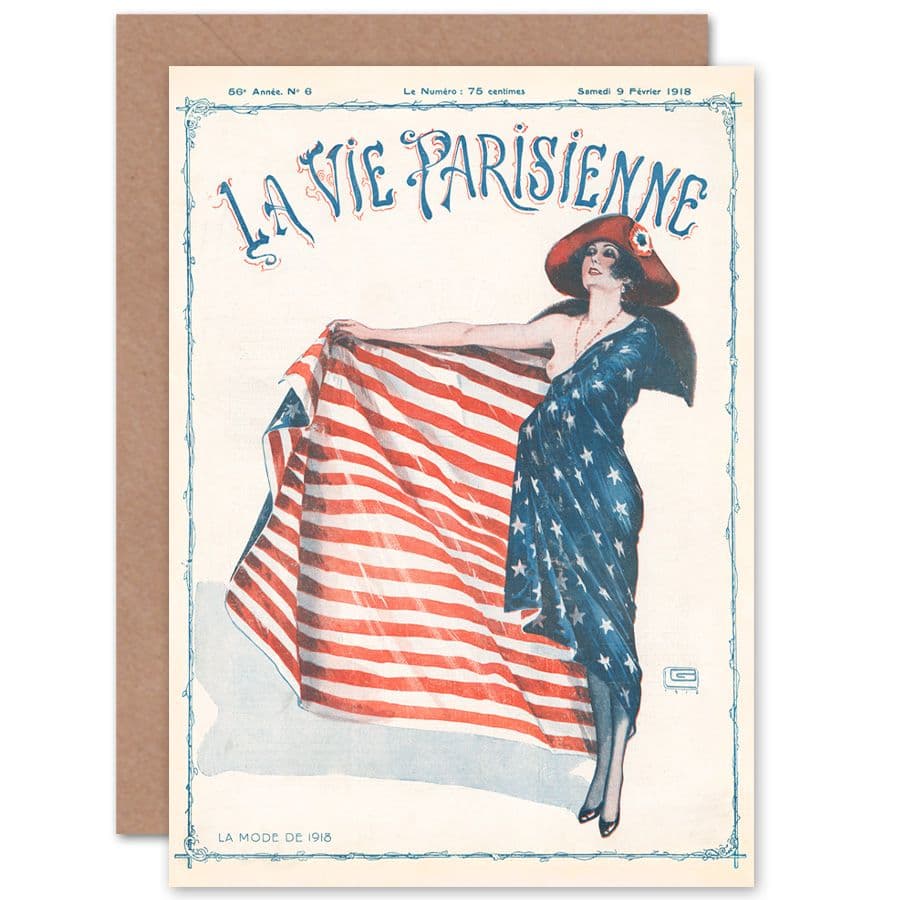 La Vie Parisienne Fashion 1918 USA Flag Magazine Cover Greetings Card