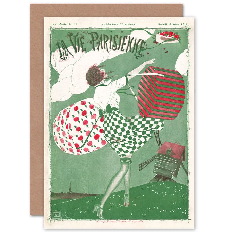 La Vie Parisienne Windy Day Shopping Magazine Cover Greetings Card