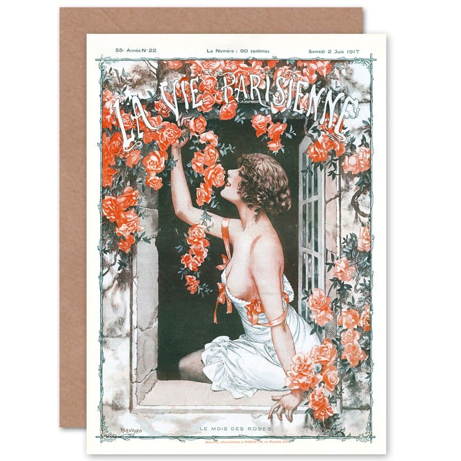 La Vie Parisienne Window Roses Flowers Magazine Cover Greetings Card