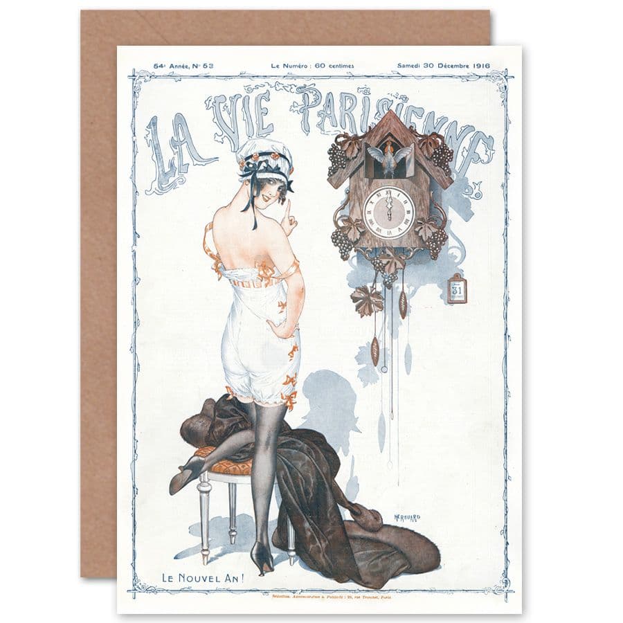 La Vie Parisienne Year Cuckoo Clock Magazine Cover Greetings Card