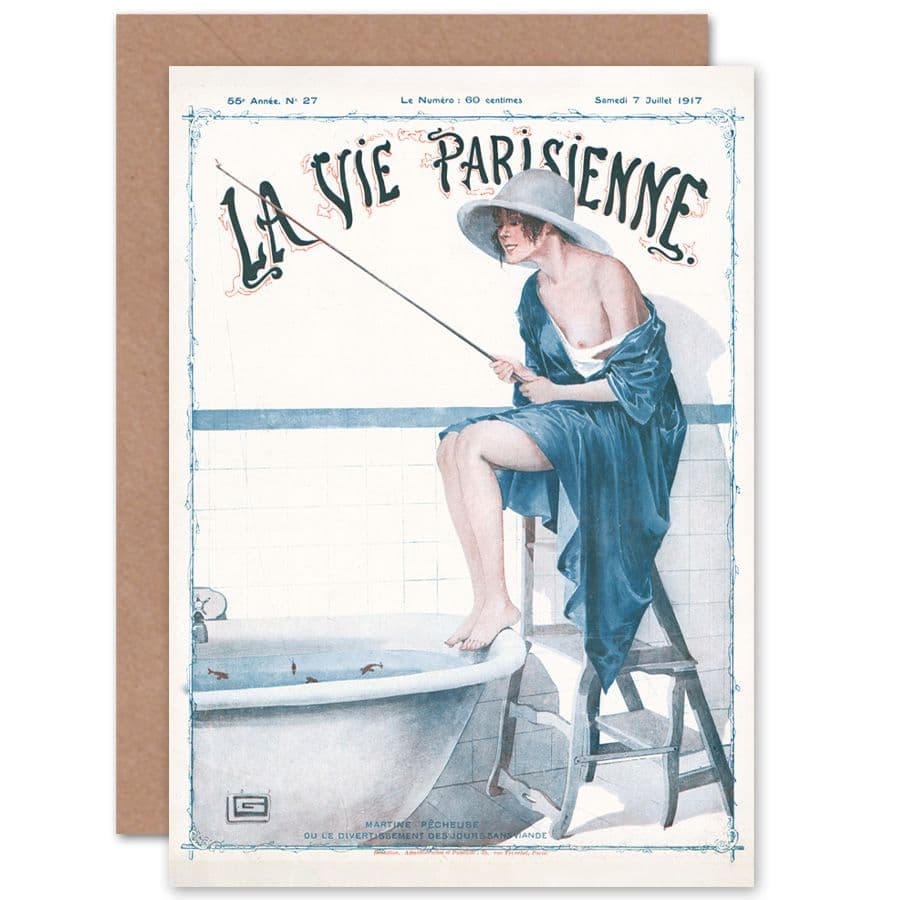 La Vie Parisienne Fishing in Bath Magazine Cover Greetings Card