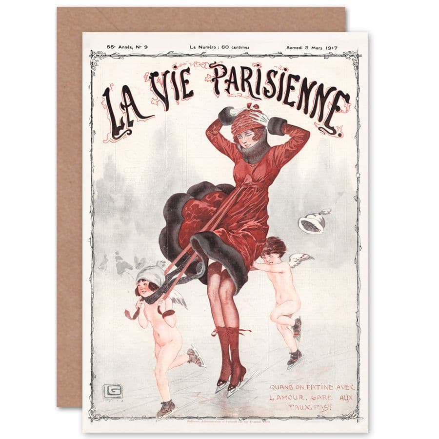 La Vie Parisienne Winter Skating Beware Cherubs Magazine Cover Greetings Card