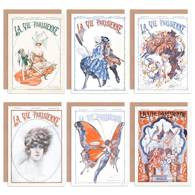 La Vie Parisienne French Woman Butterfly Carnival Greeting Cards Envelopes Pack 6