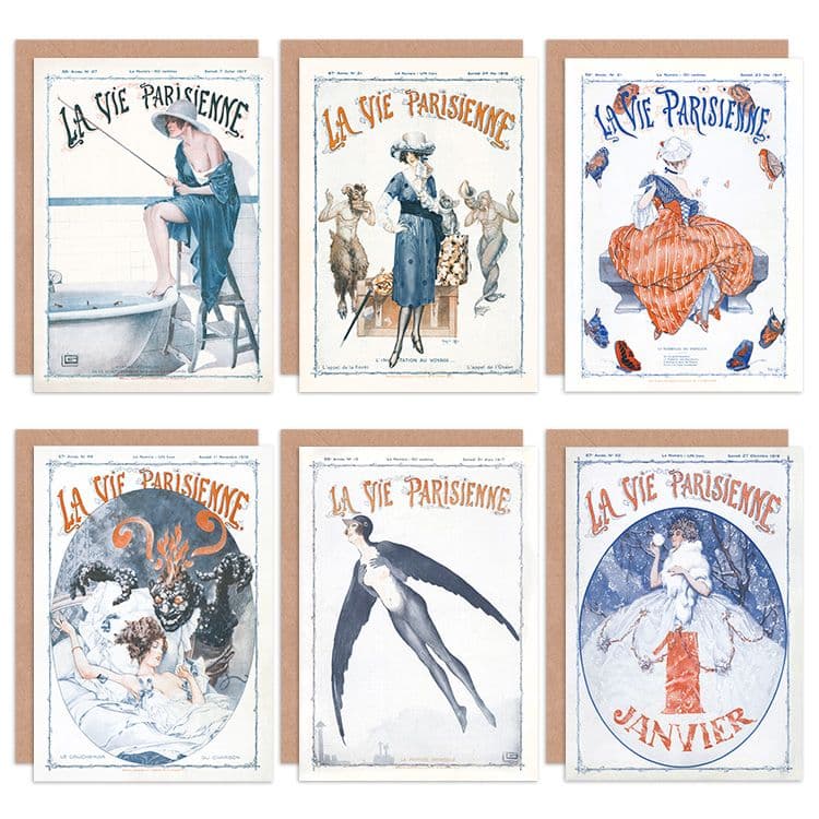 La Vie Parisienne French Woman Bird Butterfly Fishing Greeting Cards Envelopes Pack 6