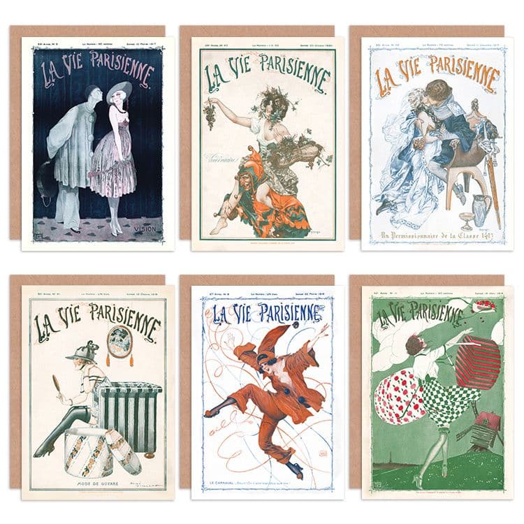La Vie Parisienne French Woman Carnival Jester Clown Greeting Cards Envelopes Pack 6