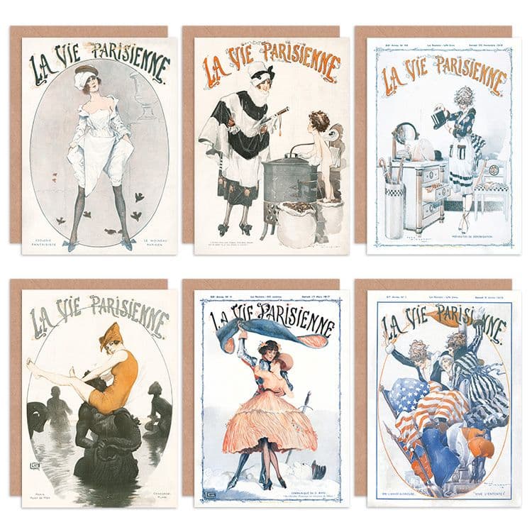 La Vie Parisienne French Woman WW1 Cherub Birds Greeting Cards With Envelopes Pack of 6