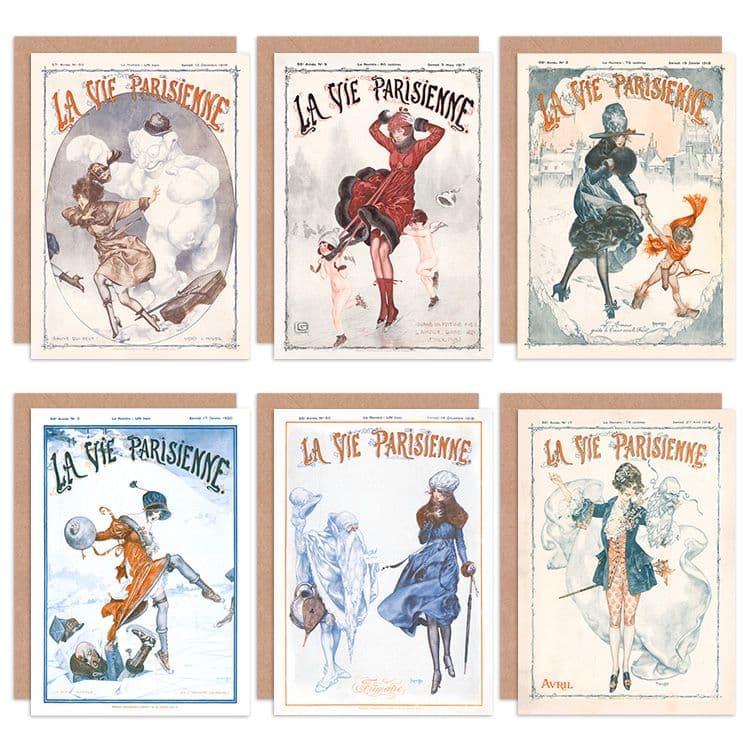 La Vie Parisienne French Woman Winter Ice Skating Greeting Cards Envelopes Pack 6