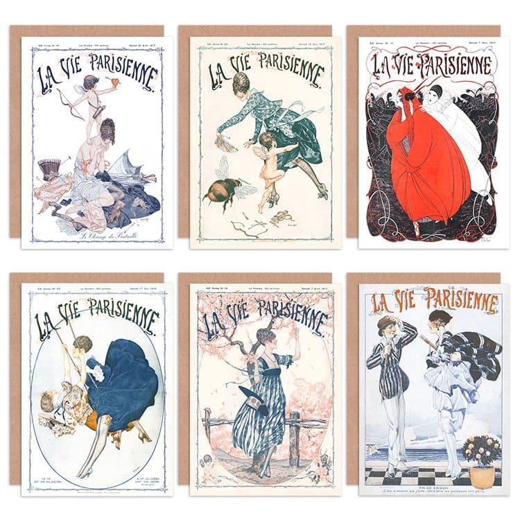 La Vie Parisienne French Woman Bee Cupid Love Clown Greeting Cards Envelopes Pack 6