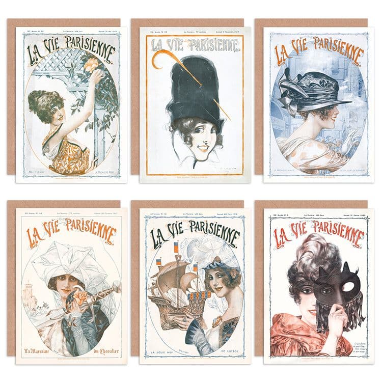 La Vie Parisienne French Woman Mask Ship Sword Army Greeting Cards Envelopes Pack 6