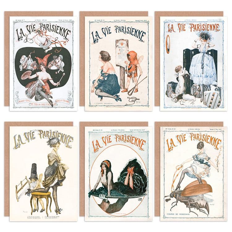 La Vie Parisienne French Woman Beetle Turkey Cupid Greeting Cards With Envelopes Pack of 6