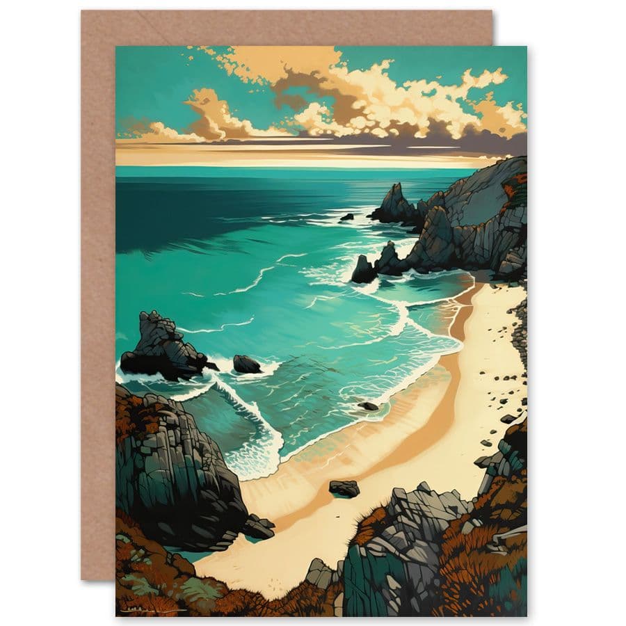 Porthcurno Sandy Beach Cliffs Coastal Landscape Travel Birthday Card