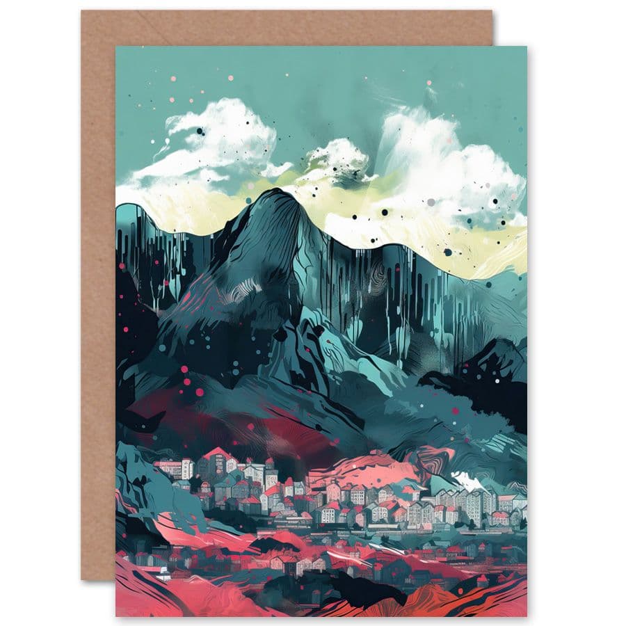 Town Below Tall Mountain Cliffs Coral Travel Birthday Card
